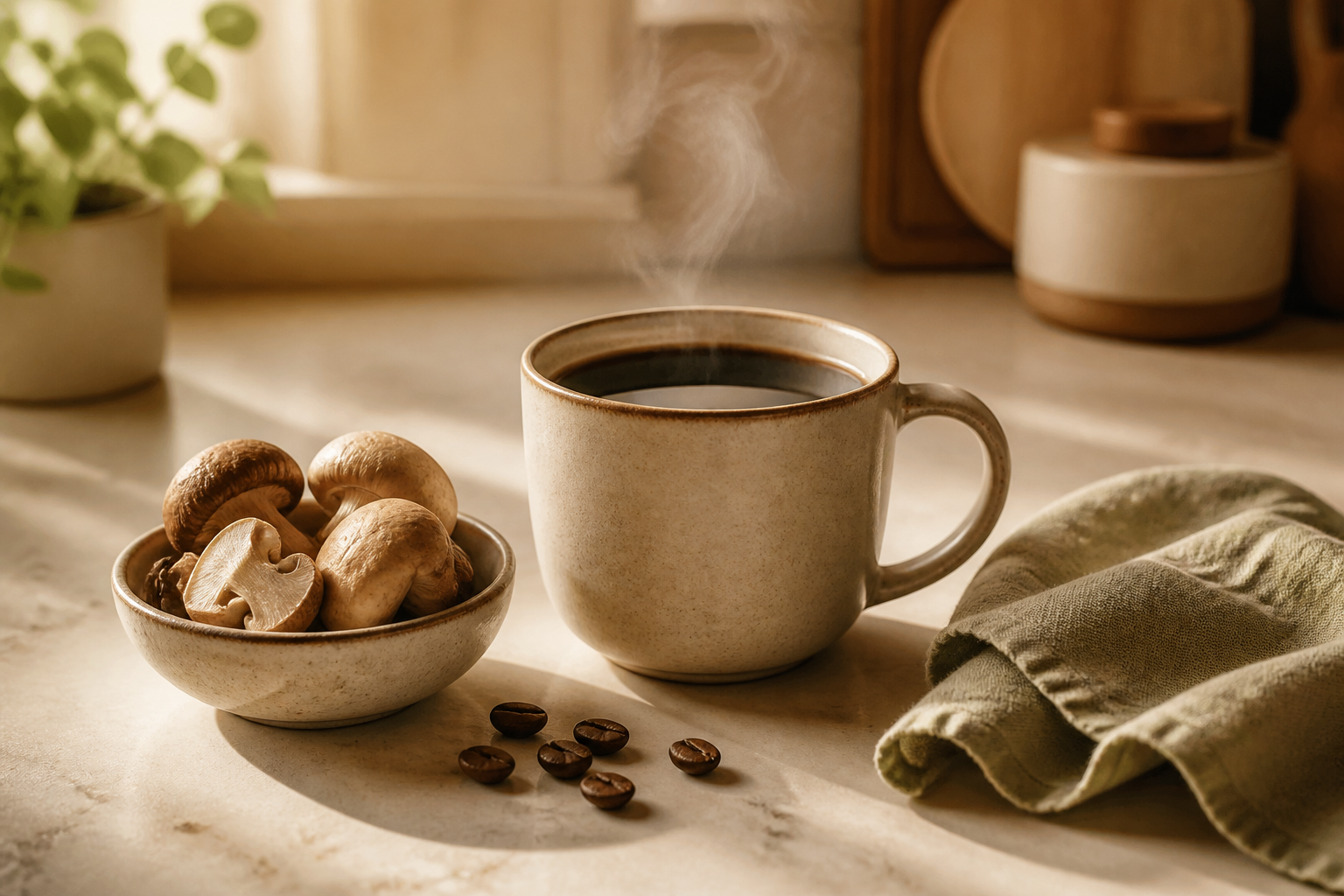 Steaming Ryze Coffee in a ceramic mug beside functional mushrooms and coffee beans