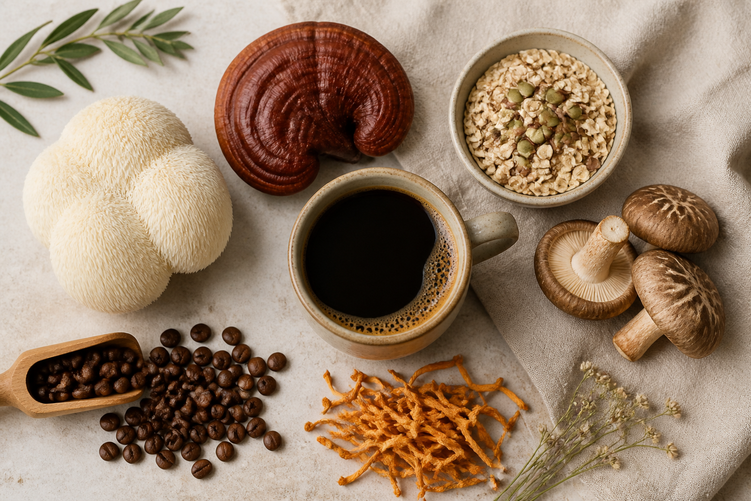 Overhead view of Ryze Coffee, Lion's Mane, Reishi, shiitake, Cordyceps, oats, and coffee beans